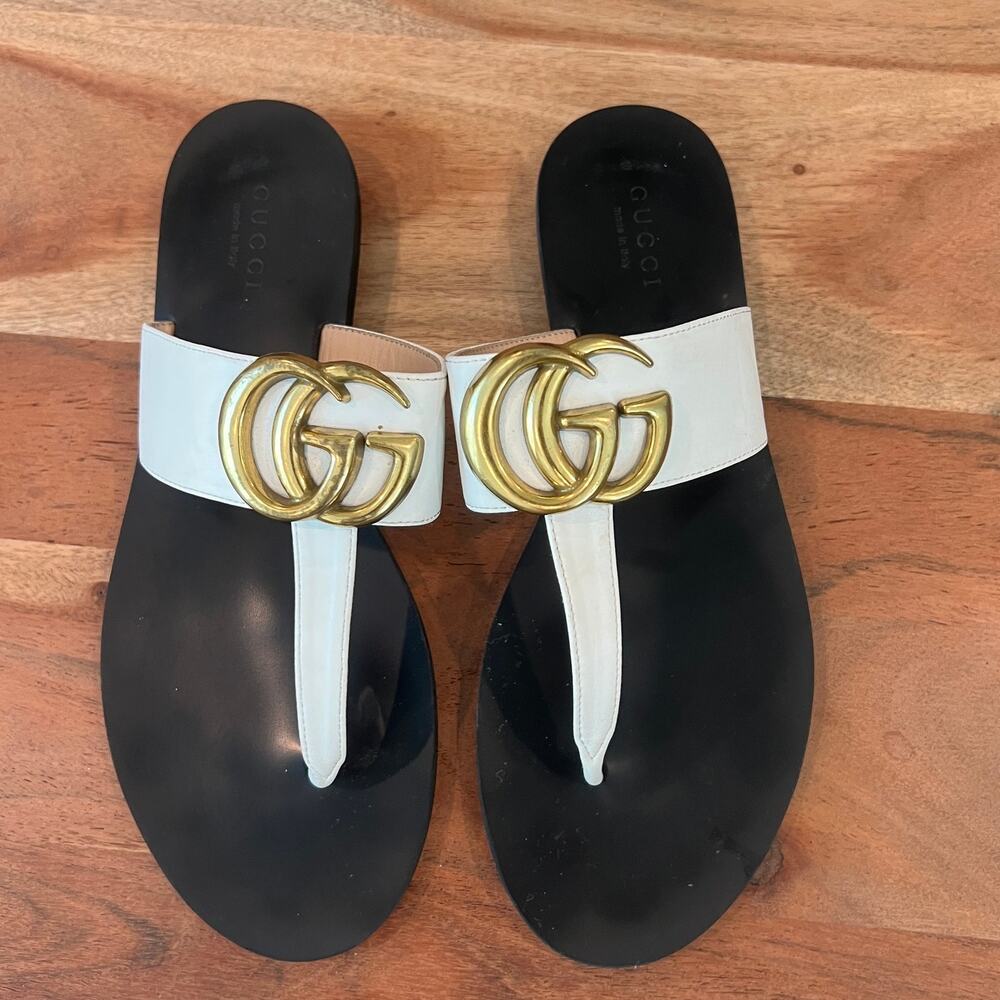 6 Gucci Double G Leather Thong Sandals in white leather Flip Flops Flats - Picture 1 of 10